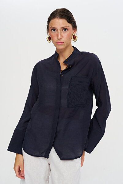 Orfeo Negro Women's Embroidery Pocket Detailed High Collar Transparent Shirt