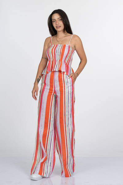 MissVina Women's Orange Signature Line Vertical Striped Linen Crop Blouse Tro...