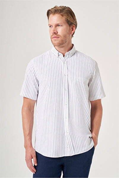 İmza White-Burgundy Buttoned Collar Short Sleeve Pocketed Oxford Comfort Fit ...