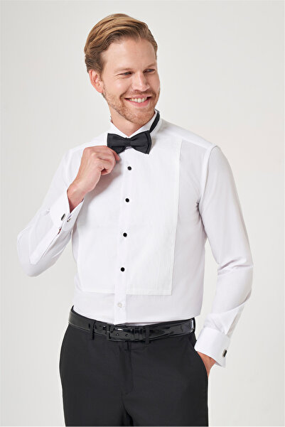 İmza White Ata Collar Long Sleeve Pocketless Slim Fit Cotton Groom Shirt 1004...