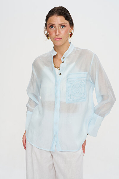 Orfeo Negro Women's Embroidery Pocket Detailed High Collar Transparent Shirt