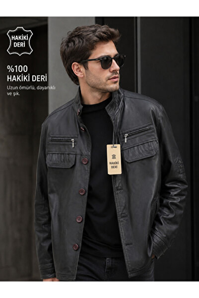 Doze Black Button Detailed Vintage Men's Leather Jacket