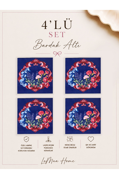LAMUA HOME LaMua Fiyonk Ve Çiçek Desenli 4 Lü Bardak Altlığı Set 15 x 15 cm -...