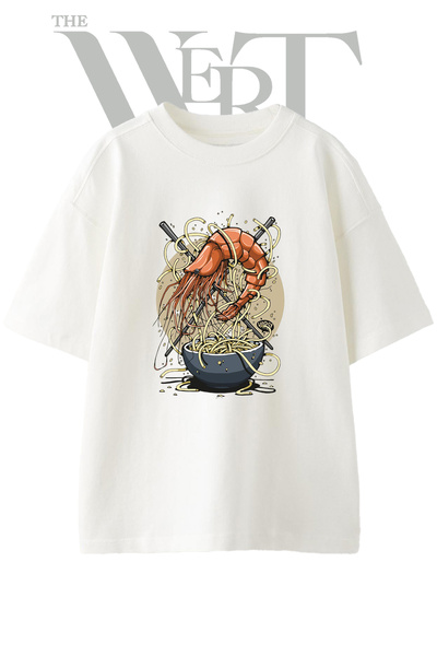 THEWERT Shrimp Noodle Design Printed Unisex White Oversize T-Shirt