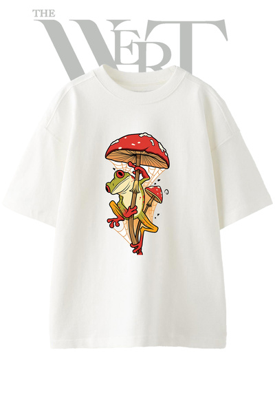 THEWERT Red Mushroom Frog Design Printed Unisex White Oversize T-Shirt
