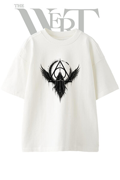 THEWERT Deathly Hallows Reaper Design Printed Unisex White Oversize T-Shirt