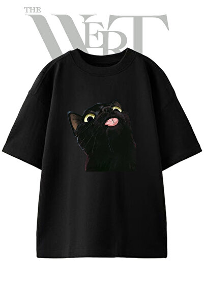 THEWERT Black Cat Design Printed Unisex Black Oversize T-Shirt