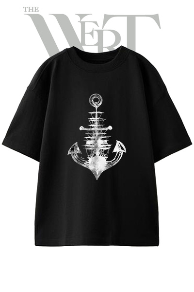 THEWERT Anchor Ship Design Printed Unisex Black Oversize T-Shirt