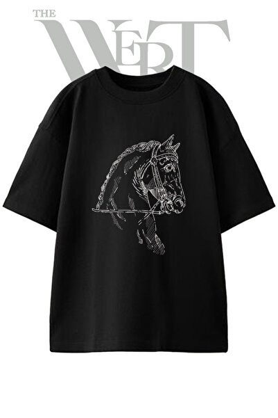 THEWERT Tricou oversize negru unisex cu imprimeu design Cap de Cal