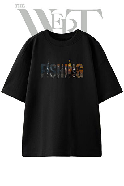 THEWERT Tricou oversize negru unisex cu imprimeu cu design siluetă pescar