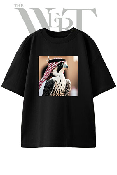 THEWERT Falcon Keffiyeh Design Printed Unisex Black Oversize T-Shirt