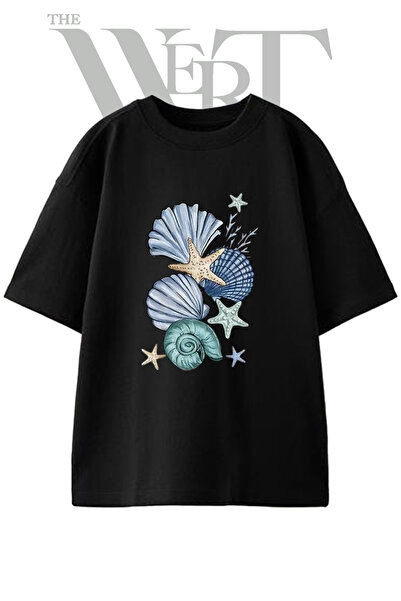 THEWERT Sea Shells Sea Star Design Printed Unisex Black Oversize T-Shirt