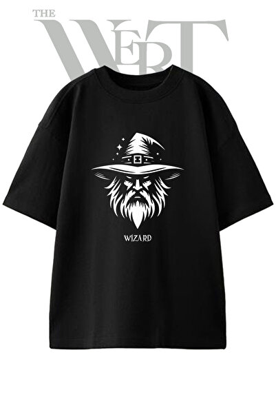 THEWERT Wizard Design Printed Unisex Black Oversize T-Shirt