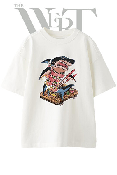 THEWERT Tricou oversize alb unisex cu imprimeu Sushi Shark Design