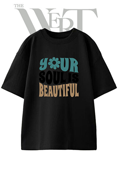 THEWERT Μπλουζάκι Unisex με στάμπα Flower Power Design, μαύρο, oversized