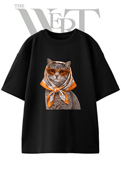 THEWERT Babushka Cat_1 dizajn, štampana unisex crna oversize majica