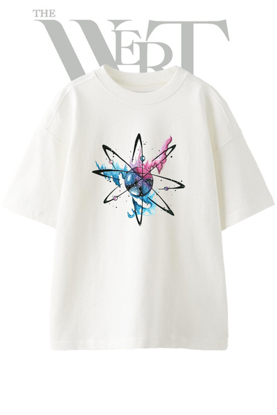 THEWERT Atom Galaxy Design Printed Unisex White Oversize T-Shirt