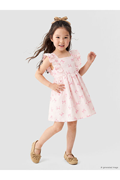 LC Waikiki Square Neckline Striped Bow Printed Girls' Dress