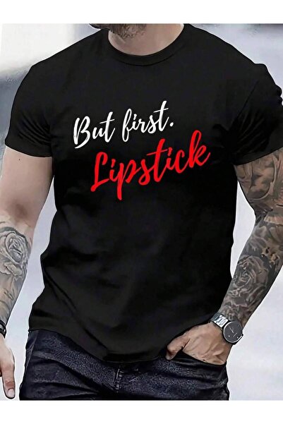 01THEONE تي شيرت مطبوع عليه عبارة "But First Lipstick" مضحك، مصنوع من القطن ب...