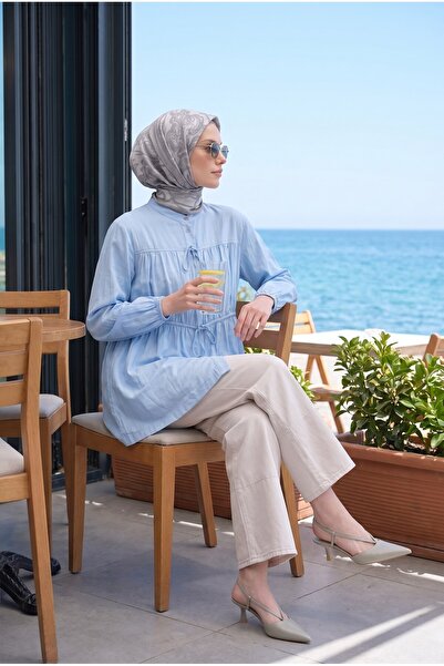 Armine TREND Doğal Kumaş Bağcık Detaylı Büzgülü Tam Boy Düğmeli Tunik Mavi 26...