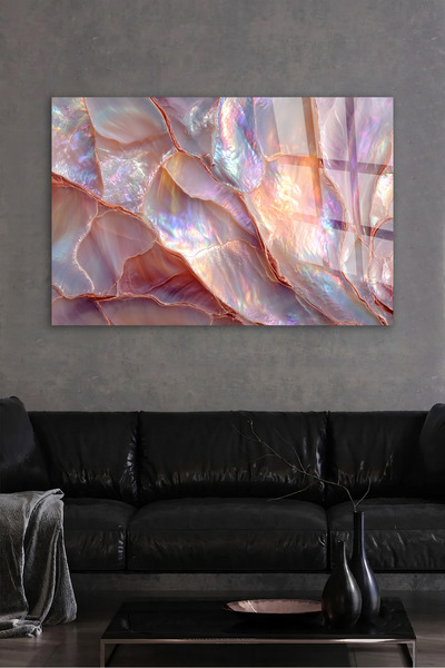 TAULART Pink Rose Gold Marble Patterned Glass Painting Abstract Glittering Li...