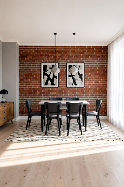 Concept Ayz Home Valoria Serisi 6 Kişilik 80x130 cm Beyaz MDF Gri Kumaş Siyah...