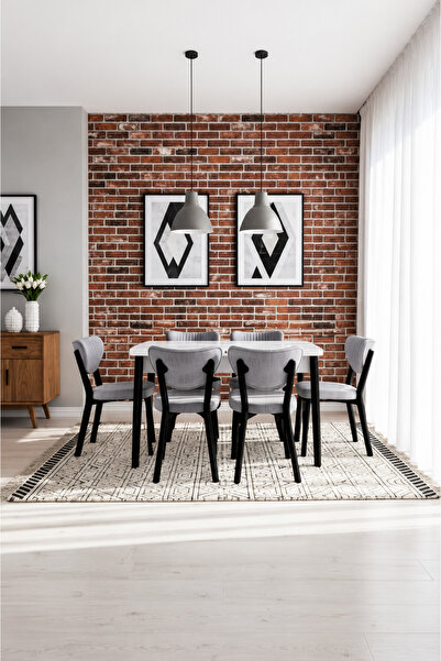 Concept Ayz Home Valoria Serisi 6 Kişilik 80x130 cm Beyaz MDF A.Gri Kumaş Siy...