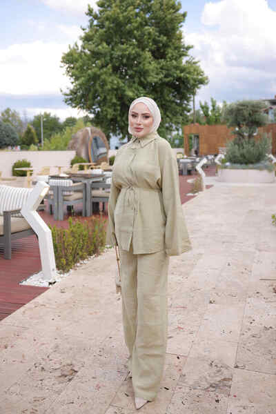 İmajButik Ανοιχτόχρωμο Χακί Σετ Πουκάμισο και Παντελόνι με Δέσιμο στη Μέση