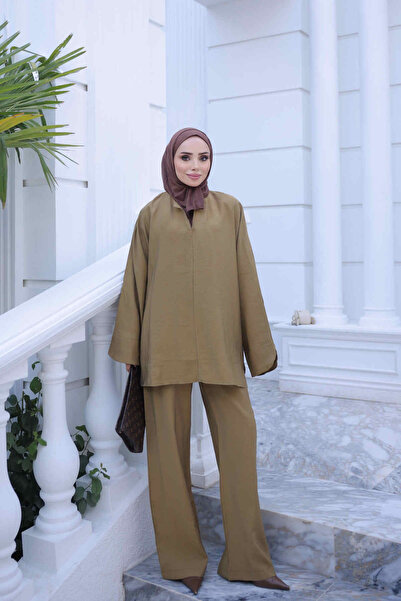 İmajButik Σετ παντελονιού Oil Green V-Neck Tunic