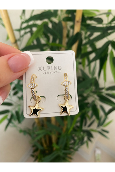 XUPİNGS JEWELRY Xuping Taşlı Yıldız Figürlü Halka Küpe – 14K Altın Renk Kapla...