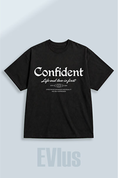 EVIus Tricou negru supradimensionat, cu imprimeu, 100% bumbac, cu decolteu ti...
