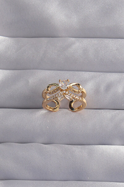 Mega Bazaar Brass Adjustable Gold Color Zircon Stone 2-Piece Appearance Bow Ring