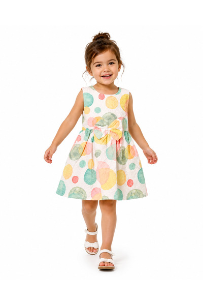 Generic Brand Girls' Sleeveless Dress with Circle Prints and Front Bow