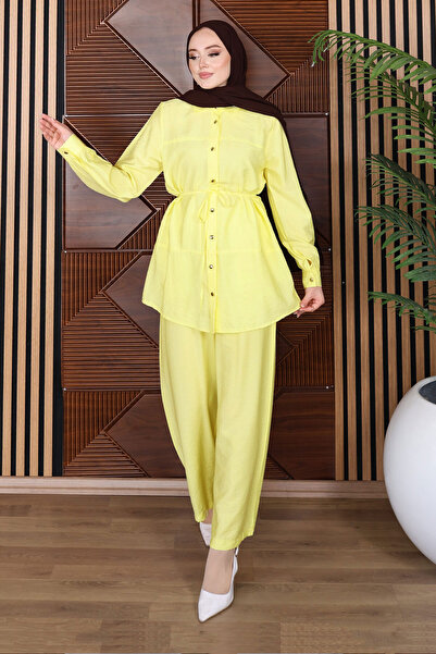 Tesettür Dünyası Drawstring Waist Stitched Detail Suit Tsd260253 Yellow