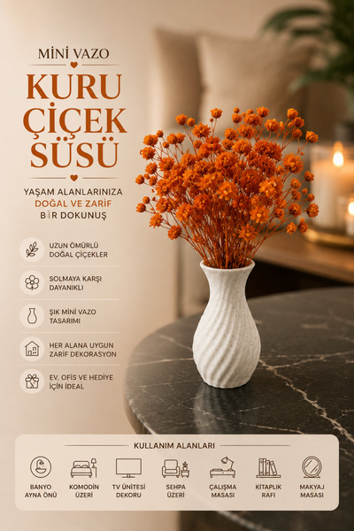 TEMUNGUR 3'lü Mini Vazo Kuru Şoklanmış Çiçek Seti | Dekoratif Masa Üstü ve Ev...