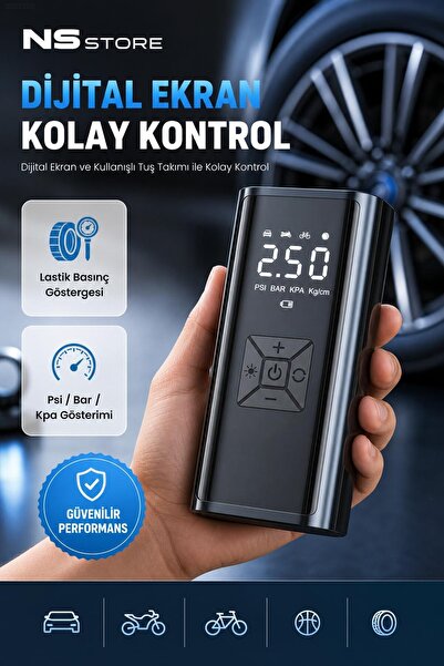 NS Store Şarjlı Taşınabilir Oto Hava Kompresörü Powerbankli Dijital Ekranlı Lastik Şişirme Pompası