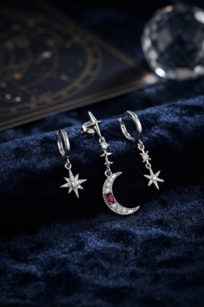 Clariss Silver Color 3-Piece Moon and Star Model Earrings