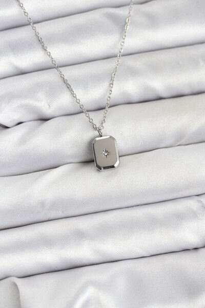 Mega Bazaar 316L Steel Chain Silver Color Minimal North Star Model Women's Ne...