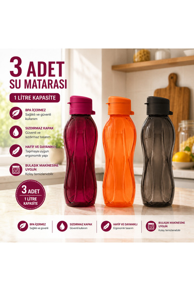 Dünya Sünger 1 Litre Su Matarası BPA İçermez 3 Adet Renkli 1. Kalite Sızdırma...