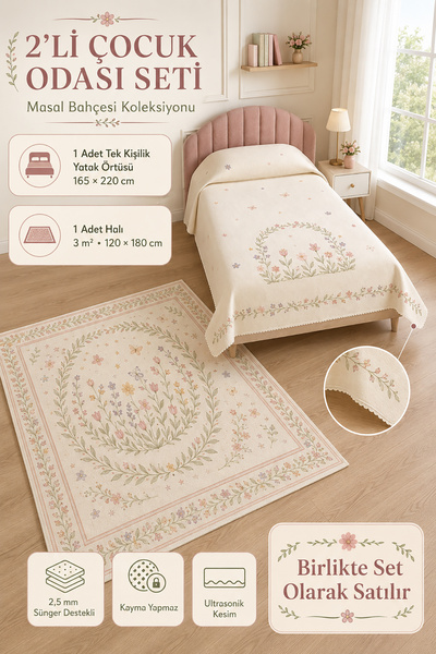 Premium Uyum 2’li Set – 165x220 cm Sünger Destekli Ultrasonik Kesim Tek Kişilik Yatak Örtüsü + 120x180 cm Kaymaz Taban Halı