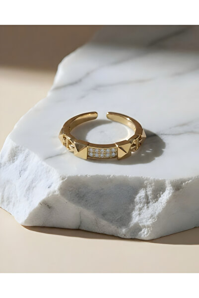 ILSA Pyramid Detailed Stone-Encrusted Gold Color Plated Steel Ring
