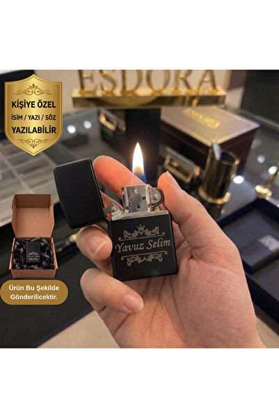 Genel Markalar Kişiye Özel İsim Yazılı Lazer Kazıma Siyah Metal Çakmak - Sevg...