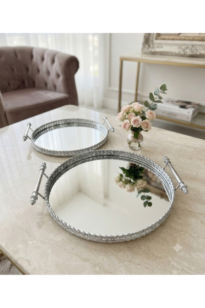 Furkan Vintage Decorative Jardinier Mirror Round Tray with 2 Compartments