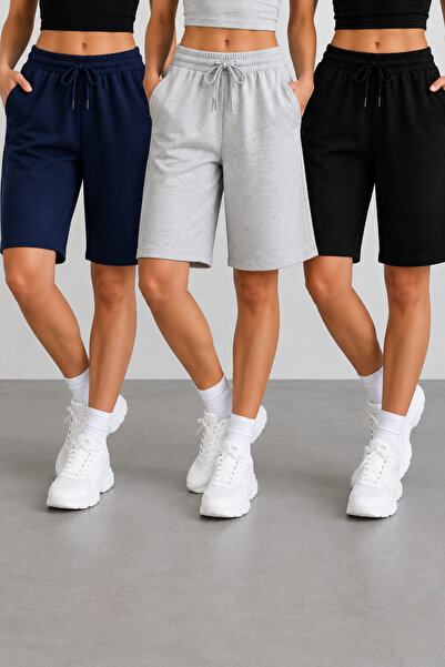 BERYY MODA 3 Pieces (Shorts) Black-Grey-Navy Blue Women's Oversize Fit Shorts...