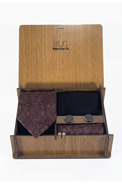 BLC Basic Line Co. طقم ربطات عنق باللونين الأسود والعنابي في صندوق خشبي |   ر...