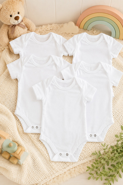 Kısa Kol Bebek Zıbın 5’Li Paket Bisiklet Yaka Unisex Body Seti %100 Pamuk