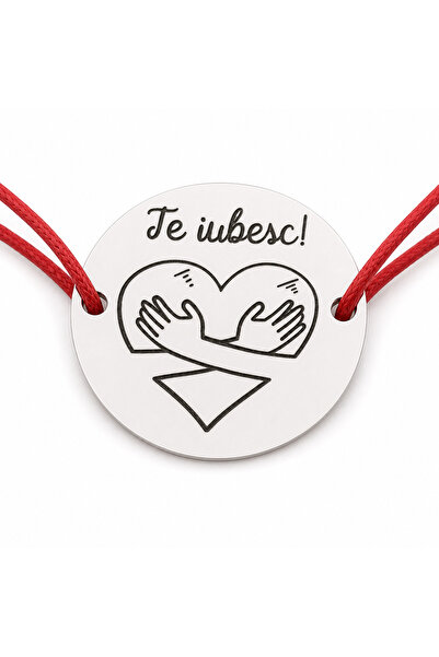 Simoshop Brățară argint 925 cu bănuț Inimă Îmbrățișată Te Iubesc, șnur reglab...