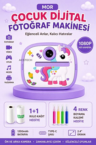 ACSTECH Fotoğraf Çıkaran Çocuk Dijital Fotoğraf Makinesi | Tek Boynuzlu At Ta...