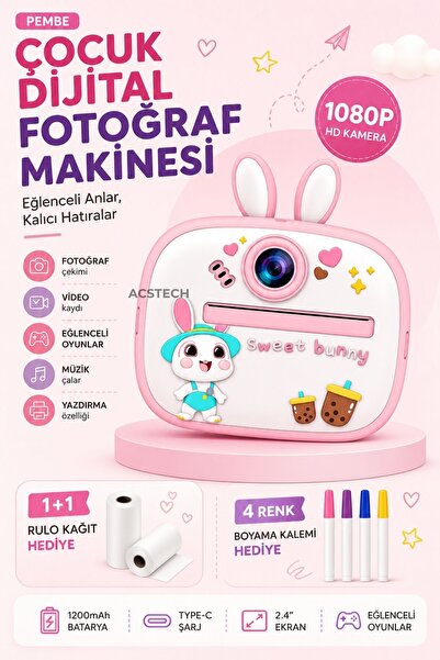 ACSTECH Fotoğraf Çıkaran Çocuk Dijital Fotoğraf Makinesi | Tatlı Tavşan Tasar...