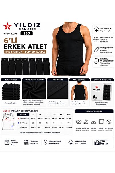 Yıldız Çamaşır Men's Single Jersey Tank Top (00-135-136) - 6 Pieces